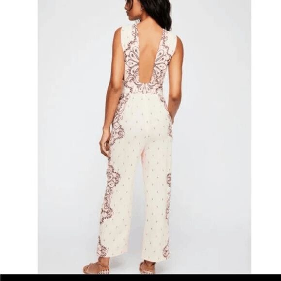 Free People Setting Sun Ivory Pink Purple Paisley Jumpsuit Large - Picture 12 of 12